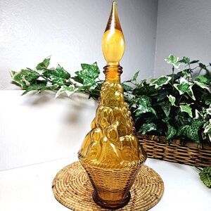 Vintage 1960 Italian Amber Glass Friut Basket Genie Bottle Decanter W stopper